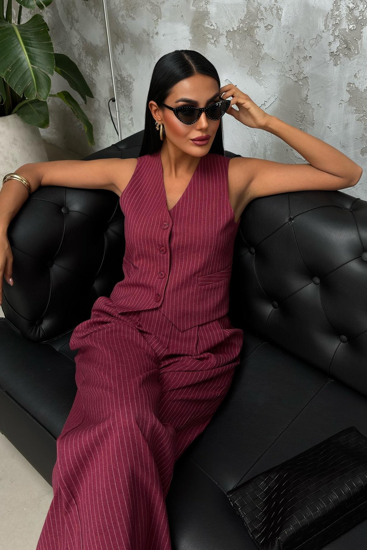 Striped Double Suit with Vest and Trousers Wine