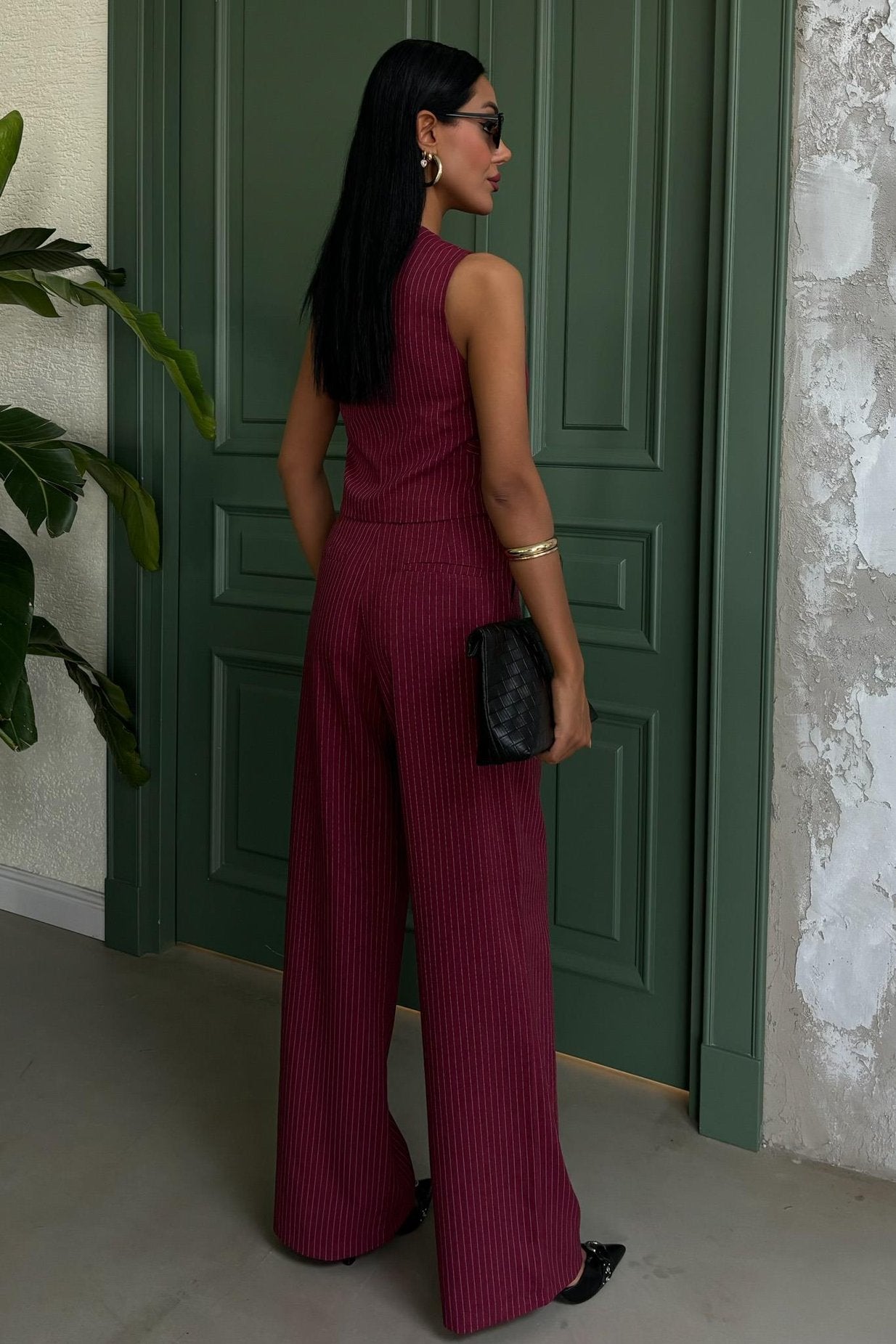 Striped Double Suit with Vest and Trousers Wine