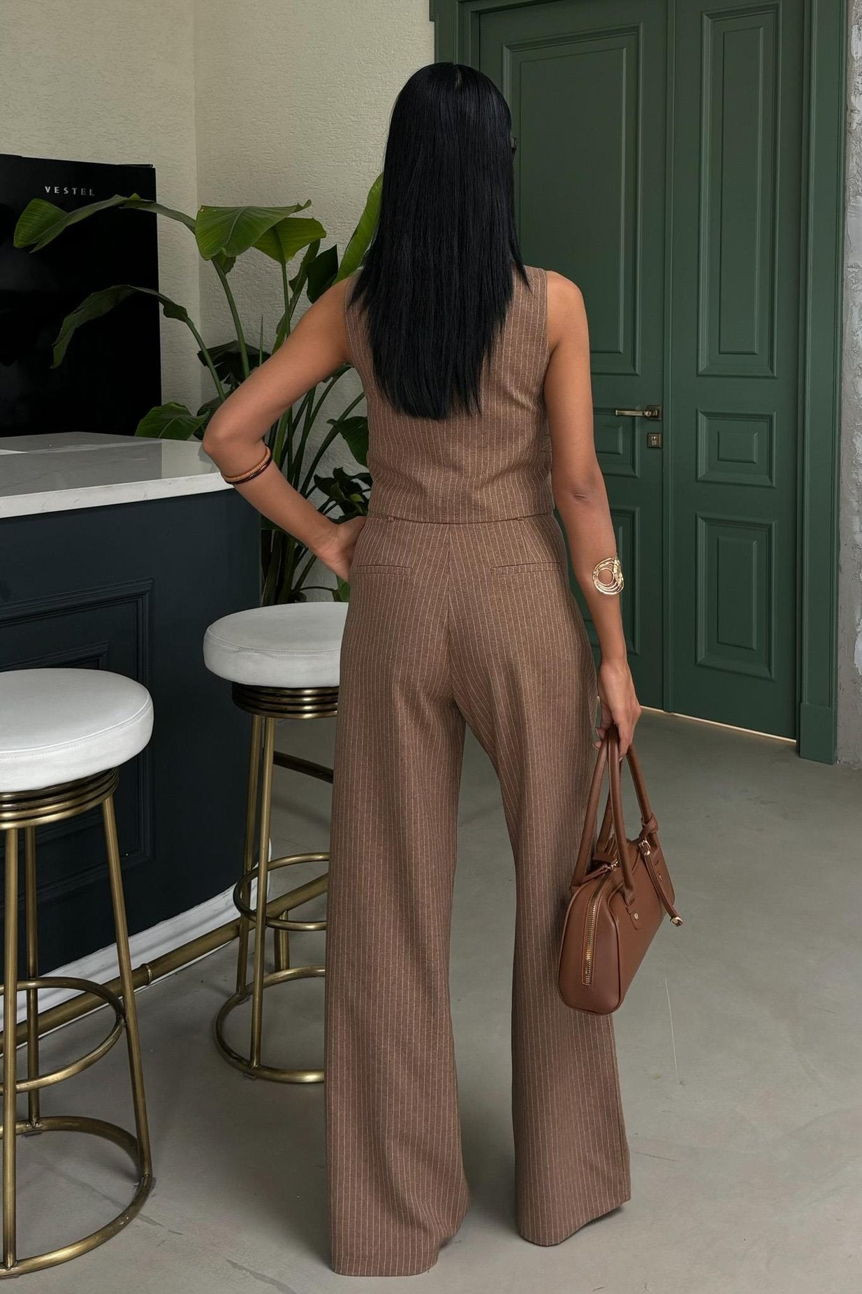 Striped Double Suit with Vest and Trousers Brown