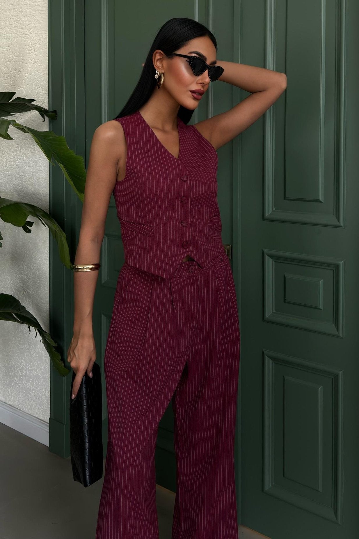 Striped Double Suit with Vest and Trousers Wine