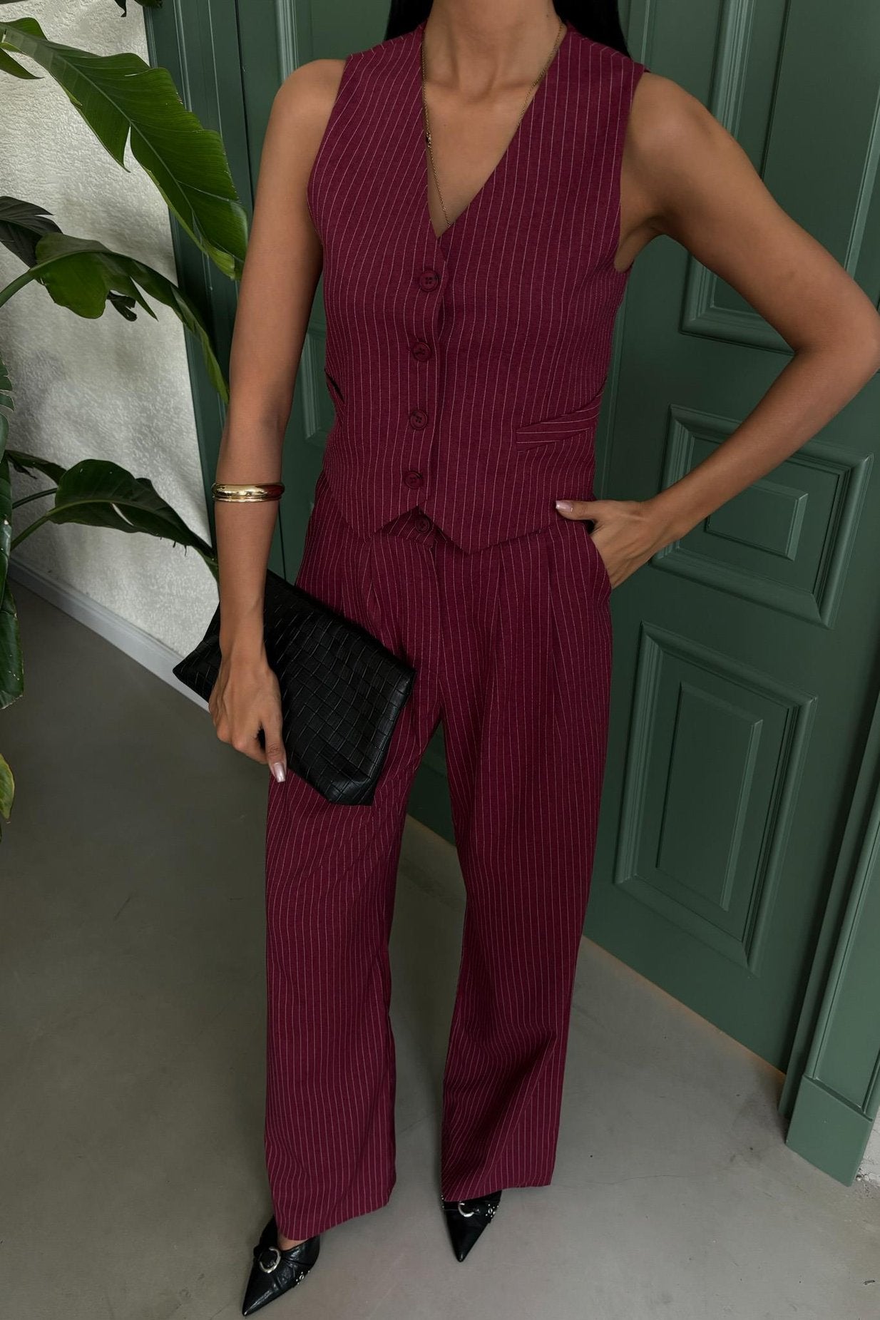 Striped Double Suit with Vest and Trousers Wine