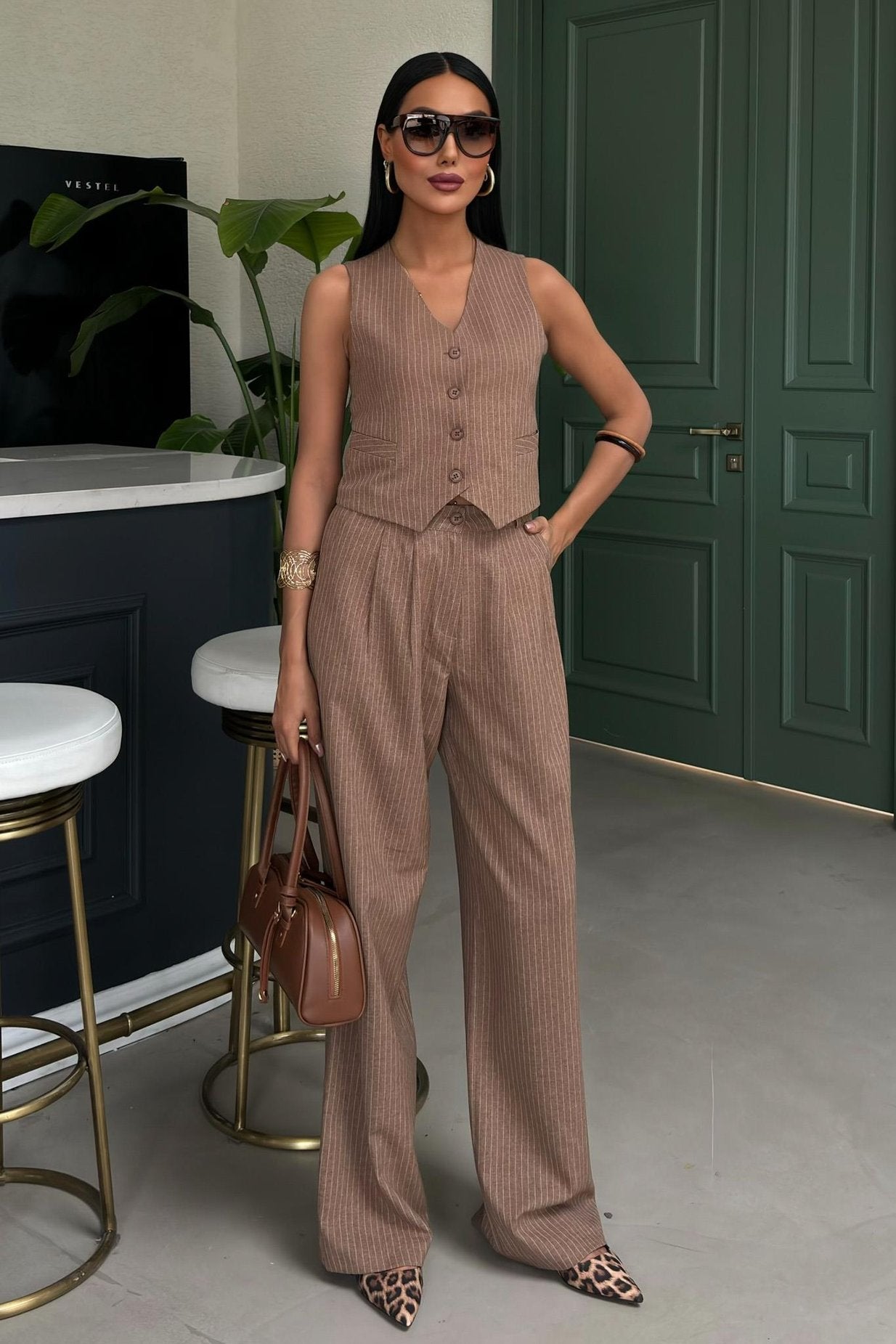 Striped Double Suit with Vest and Trousers Brown