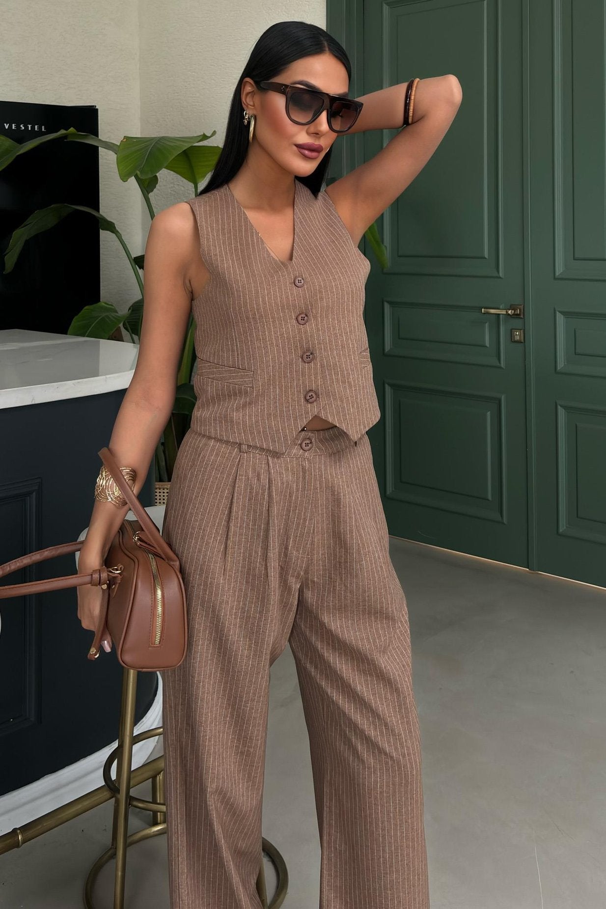 Striped Double Suit with Vest and Trousers Brown