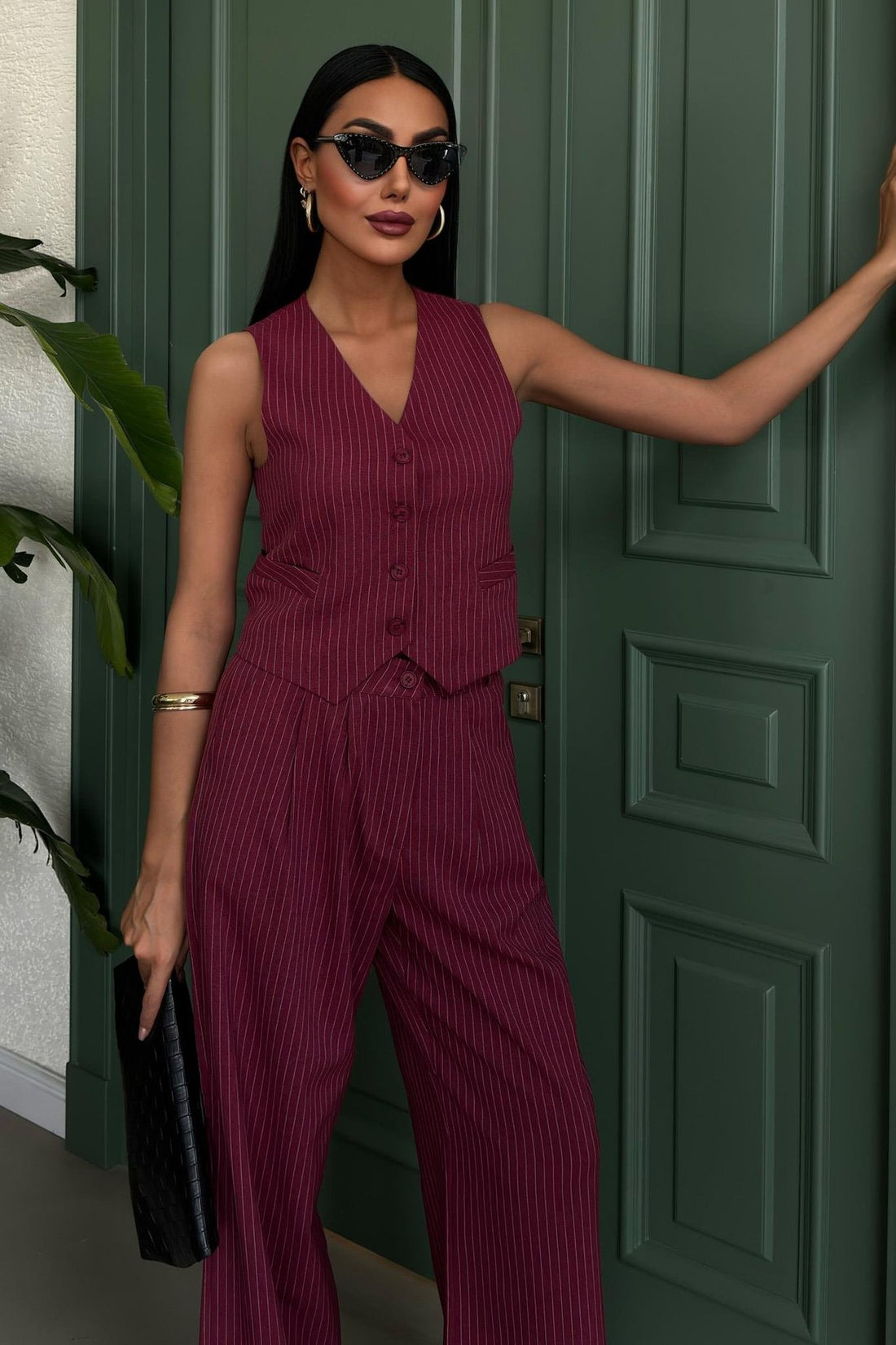 Striped Double Suit with Vest and Trousers Wine