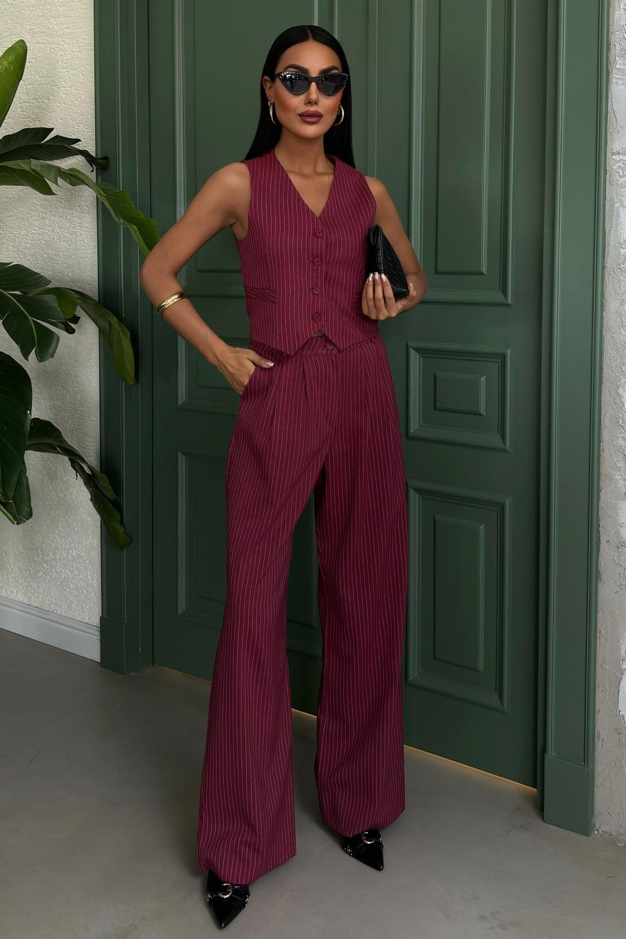 Striped Double Suit with Vest and Trousers Wine