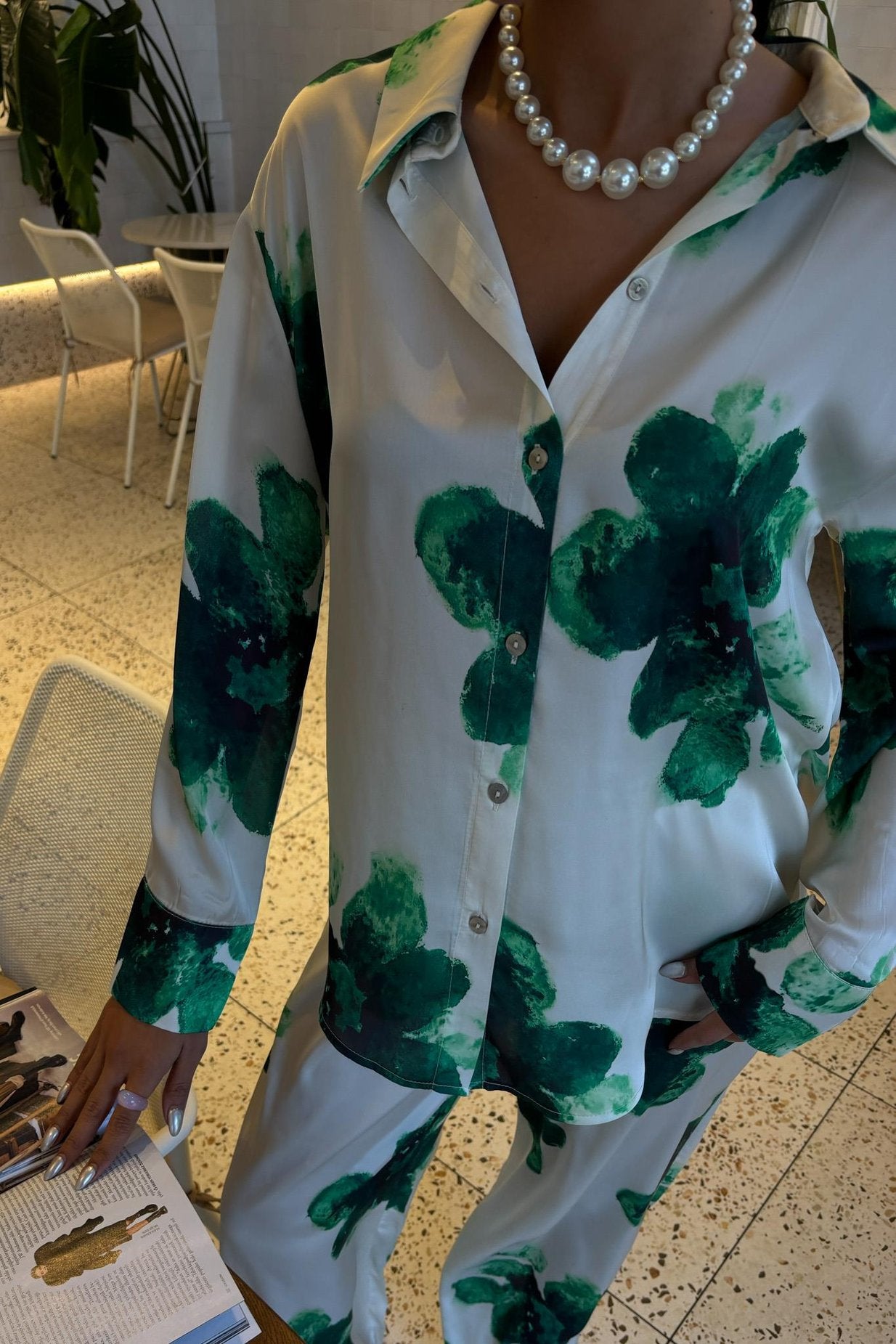 Green Floral Patterned Satin Suit