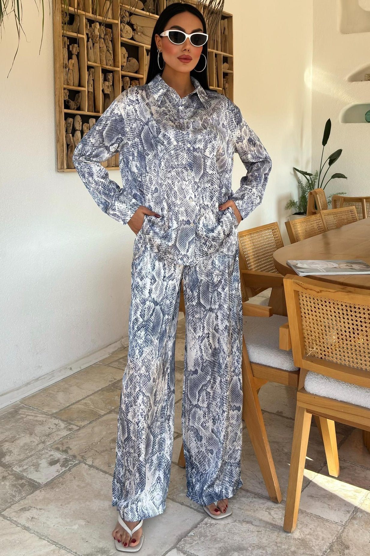 Snake Patterned Satin Casual Suit