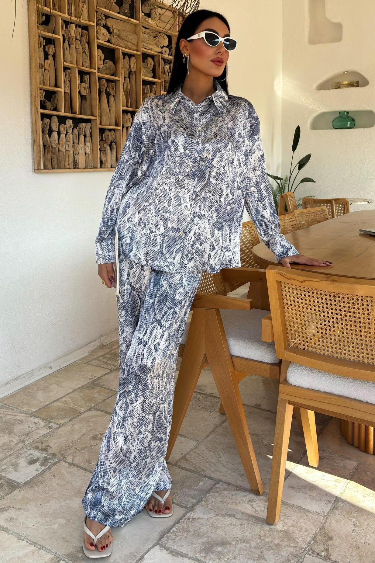 Snake Patterned Satin Casual Suit